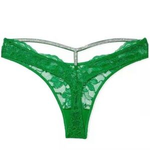 Victorias Secret Green Lace Rhinestone Back Shine Strap Thong Sz S